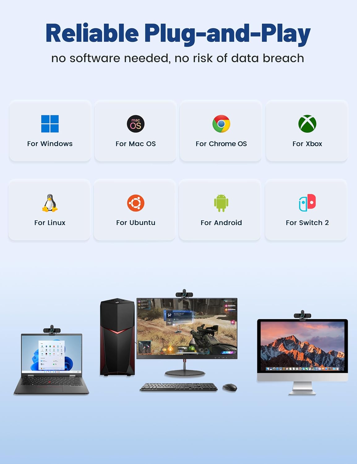 Pro HD 1080p/30fps Webcam with Dual Microphones, External USB Web Camera