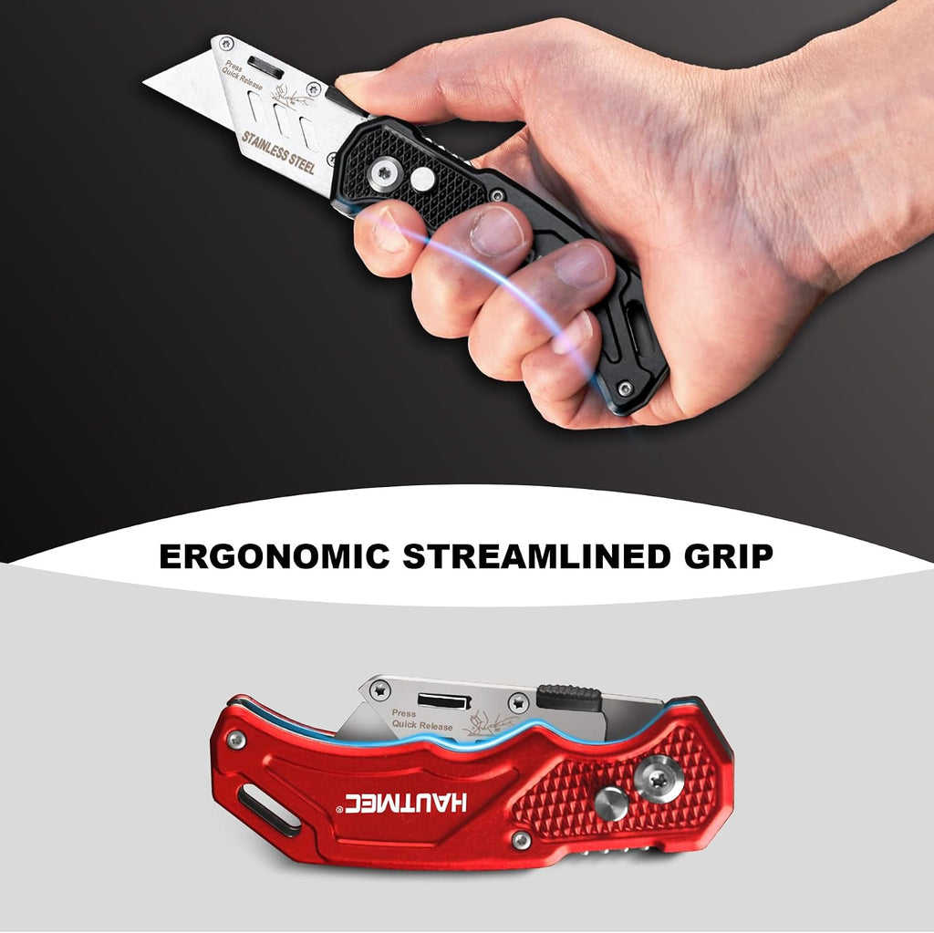 3-Pack Folding Utility Knife, Heavy-Duty Aluminum Box Cutter with Quick-Change Blades & Lock-Back Safety Design