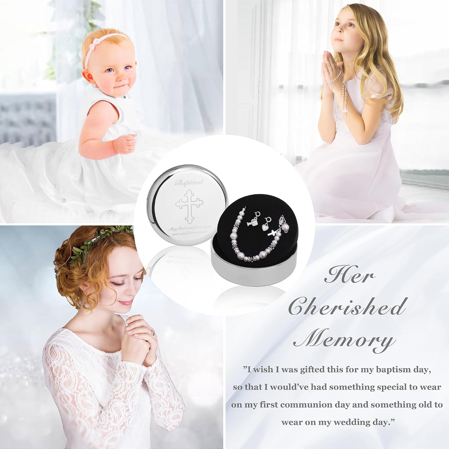 Baptism Bracelet in 925 Sterling Silver and Cultured Pearls for Baby Girls, Comes with a Unique Silver-plated Jewelry