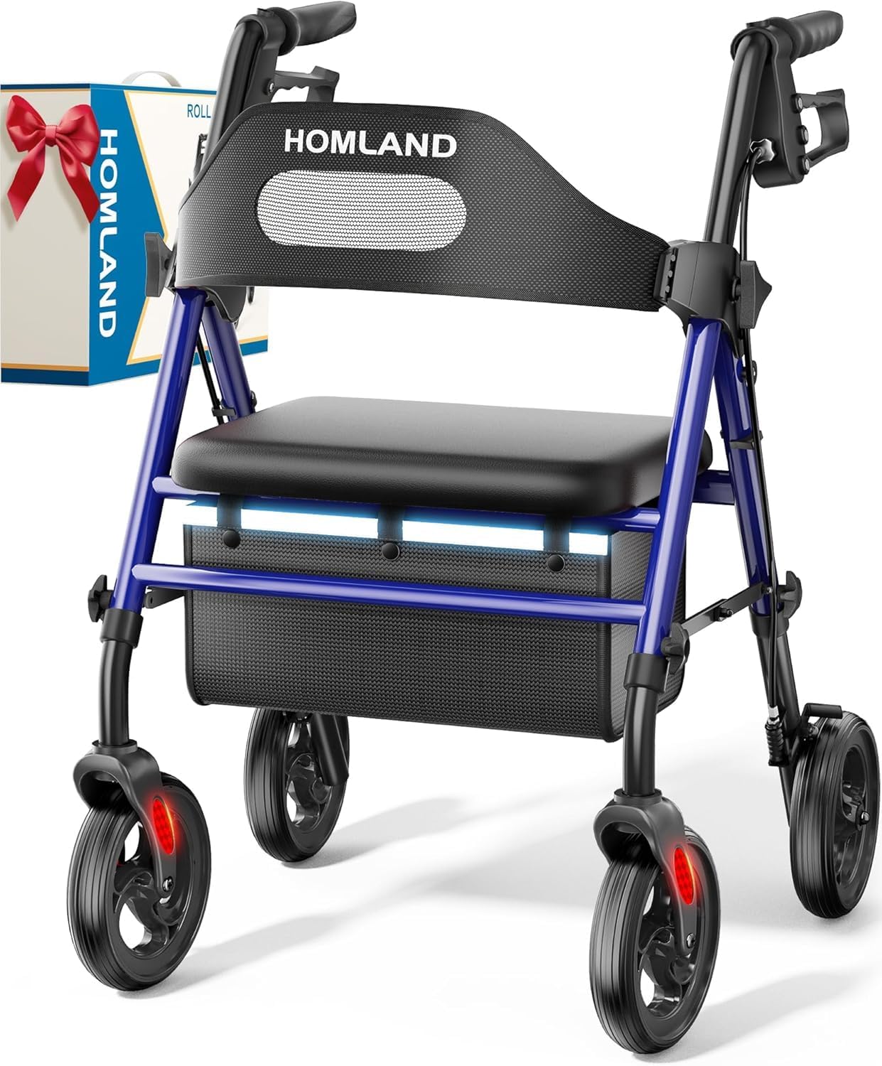 Foldable Rollator Walkers with Seat for Seniors, 8'' Big Wheels, 350 lb. Weight Capacity, Adjustable Handles and Seat