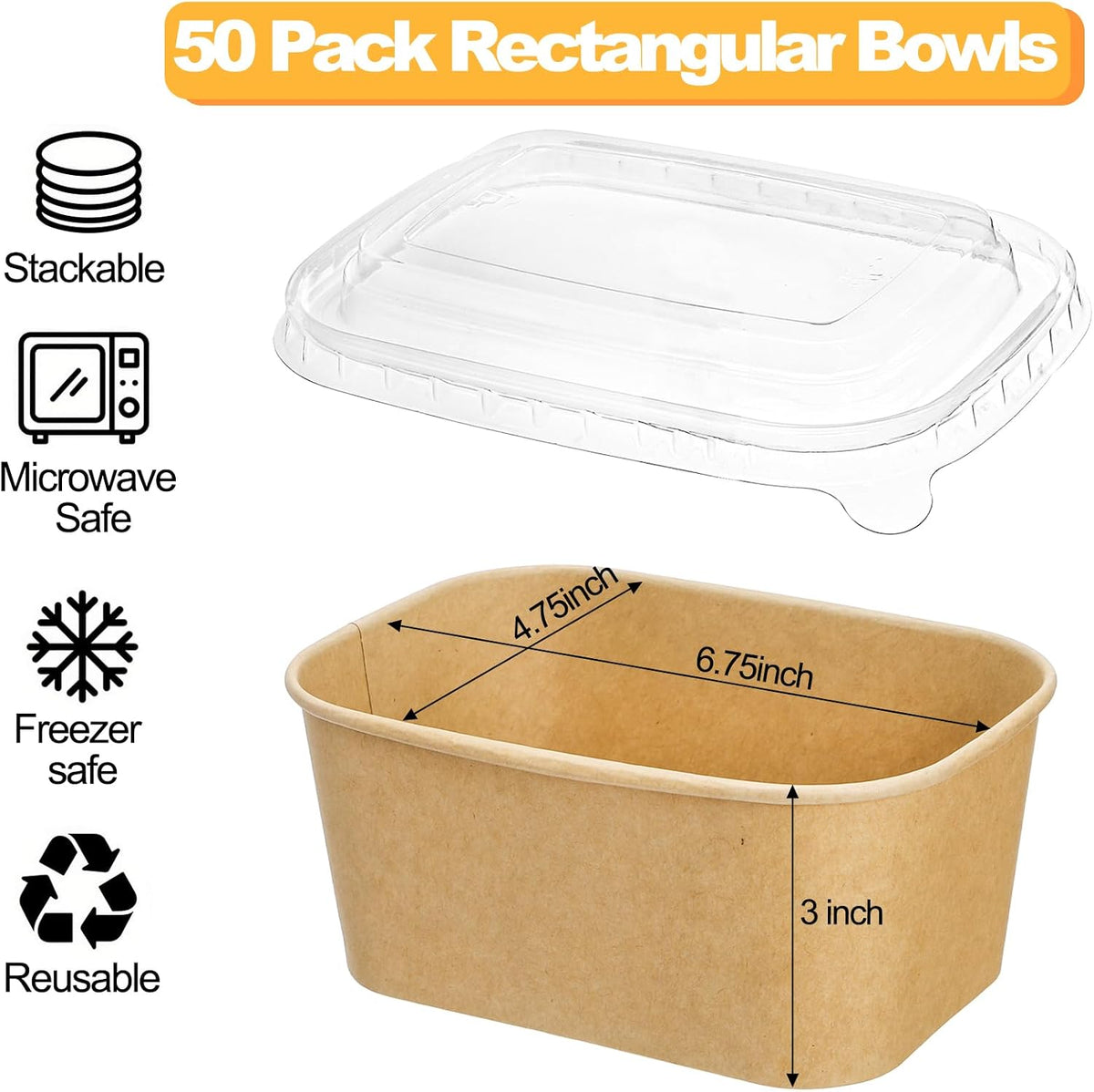 50 Pack Compostable Rectangular Kraft Paper Bowls, 32 Oz Disposable Cardboard Meal Prep Container with Lid, Microwave