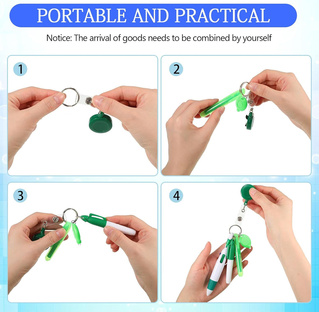 30 Pcs Retractable Shuttle Pen Clip with Mini Highlighter Nurse Badge Pen Neon Marker LED Keychain Ring Clip