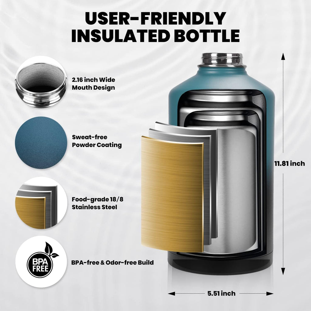 One Gallon Water Bottle Insulated 128 oz, Stainless Steel | Triple Walled Vacuum (Cold for 48 Hrs), Leak Proof &