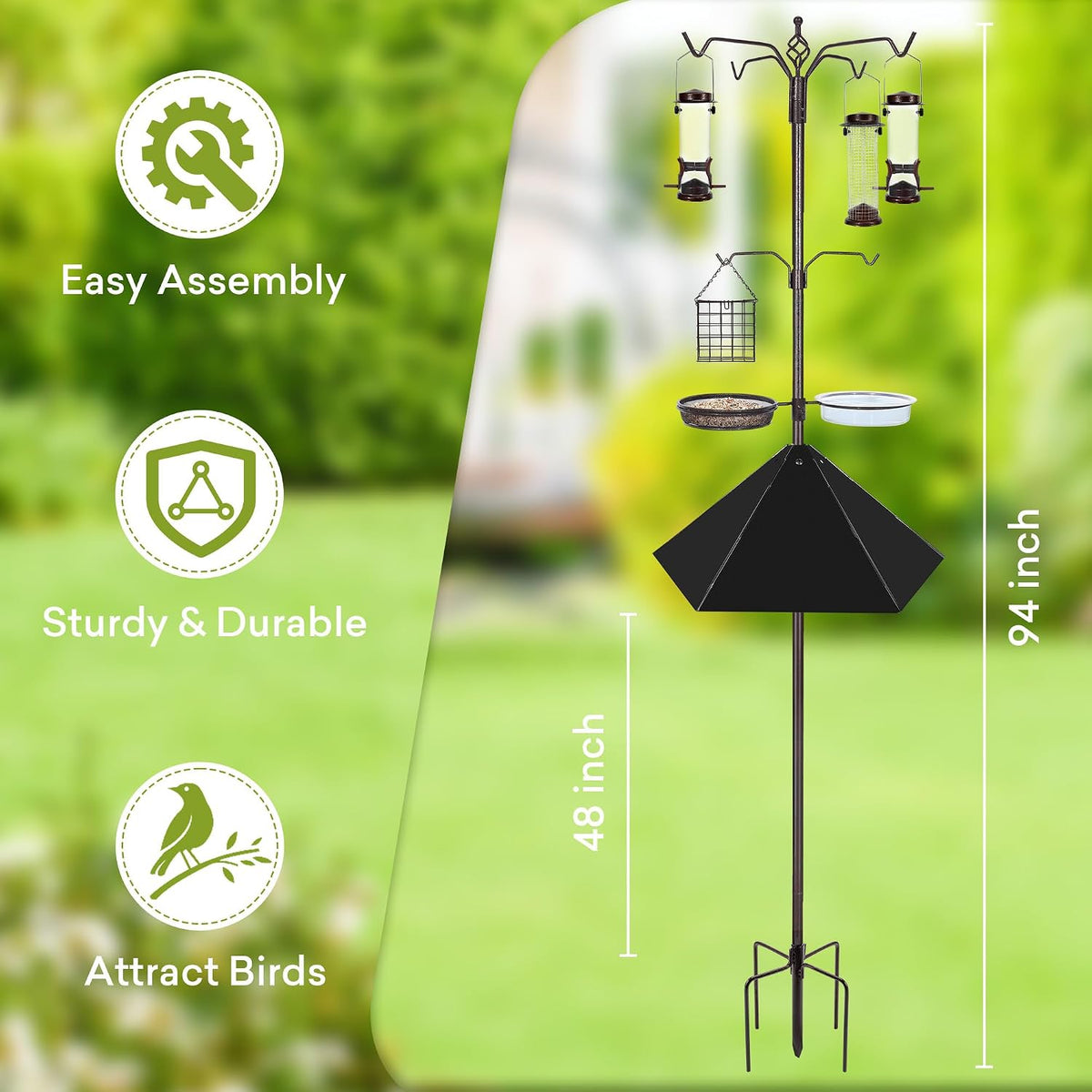 6-Hook Bird Feeding Station with 19" Metal Squirrel Baffle, 94 Inch