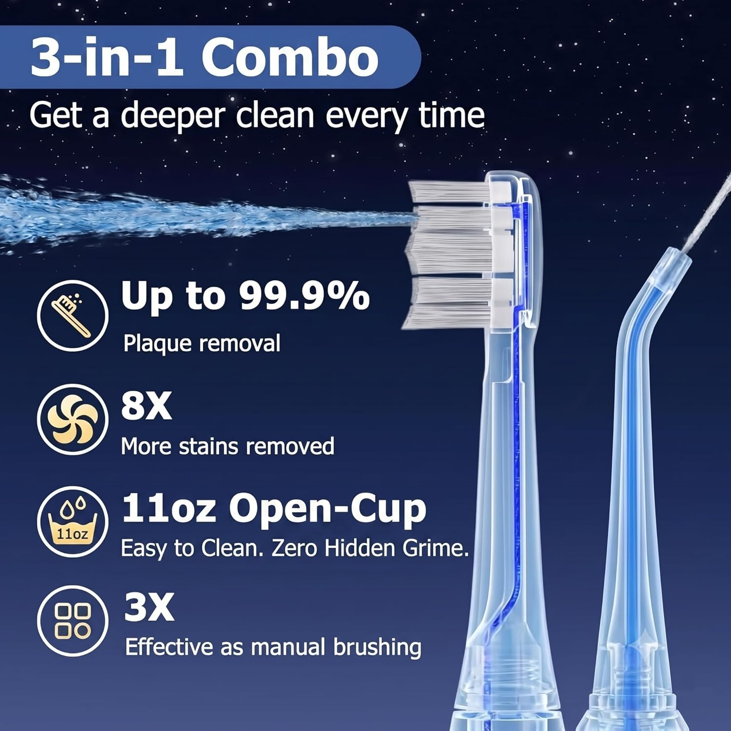 Electric Toothbrush with Water Flosser Combo, Compact 3-in-1 Flossing Toothbrush, 40000 VPM Sonic Brushing,11oz