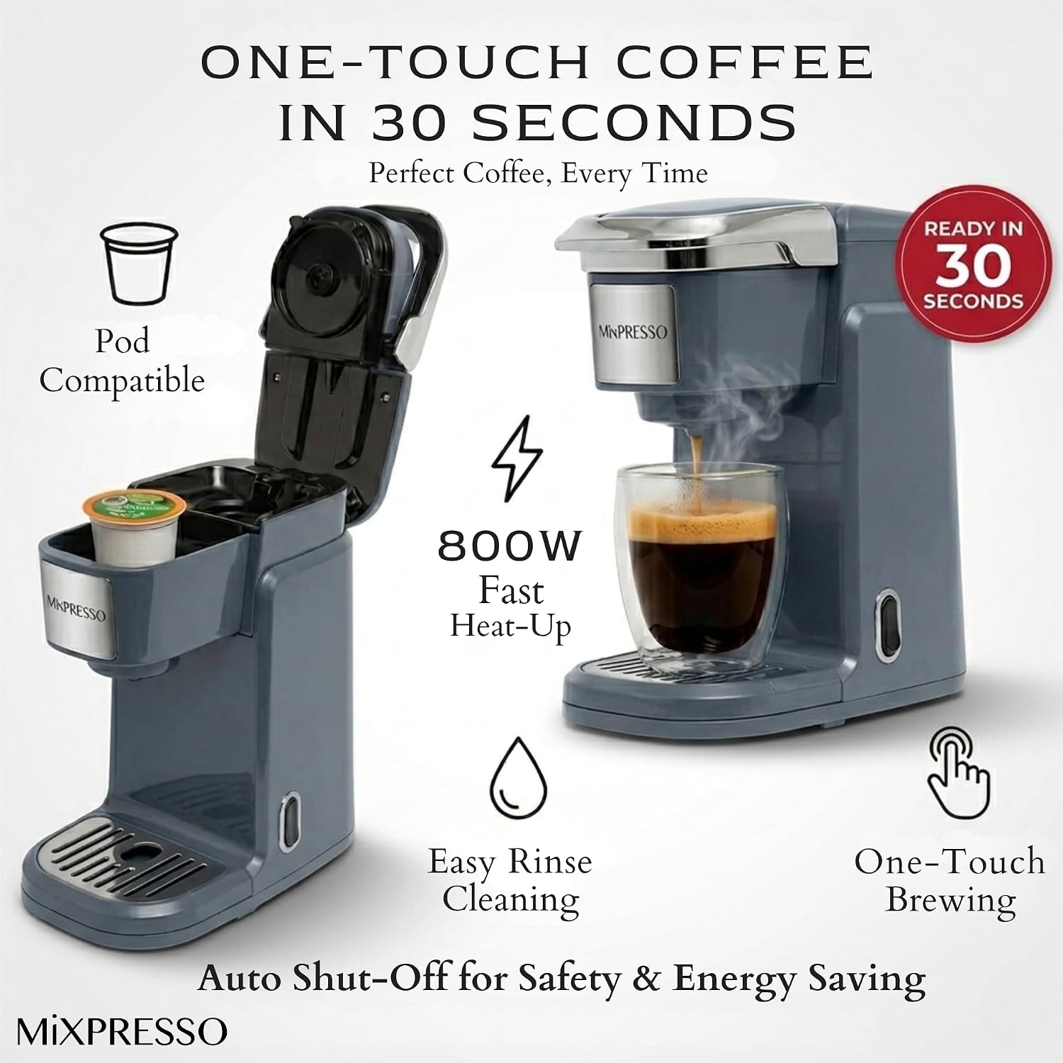 Single Serve Coffee Maker K Cup Coffee Maker for K Pods & Grounds | Compact 800W Gray Coffee Machine with 12 Oz Water