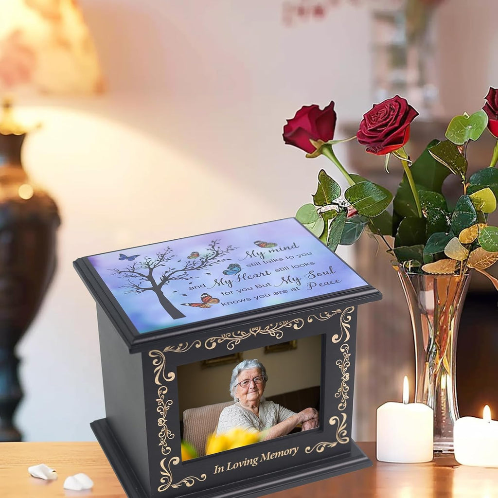 Wooden Urn Box for Ashes Cremation Urns for Human Ashes Adult Male or Female, Memorial Keepsake Urns with Photo
