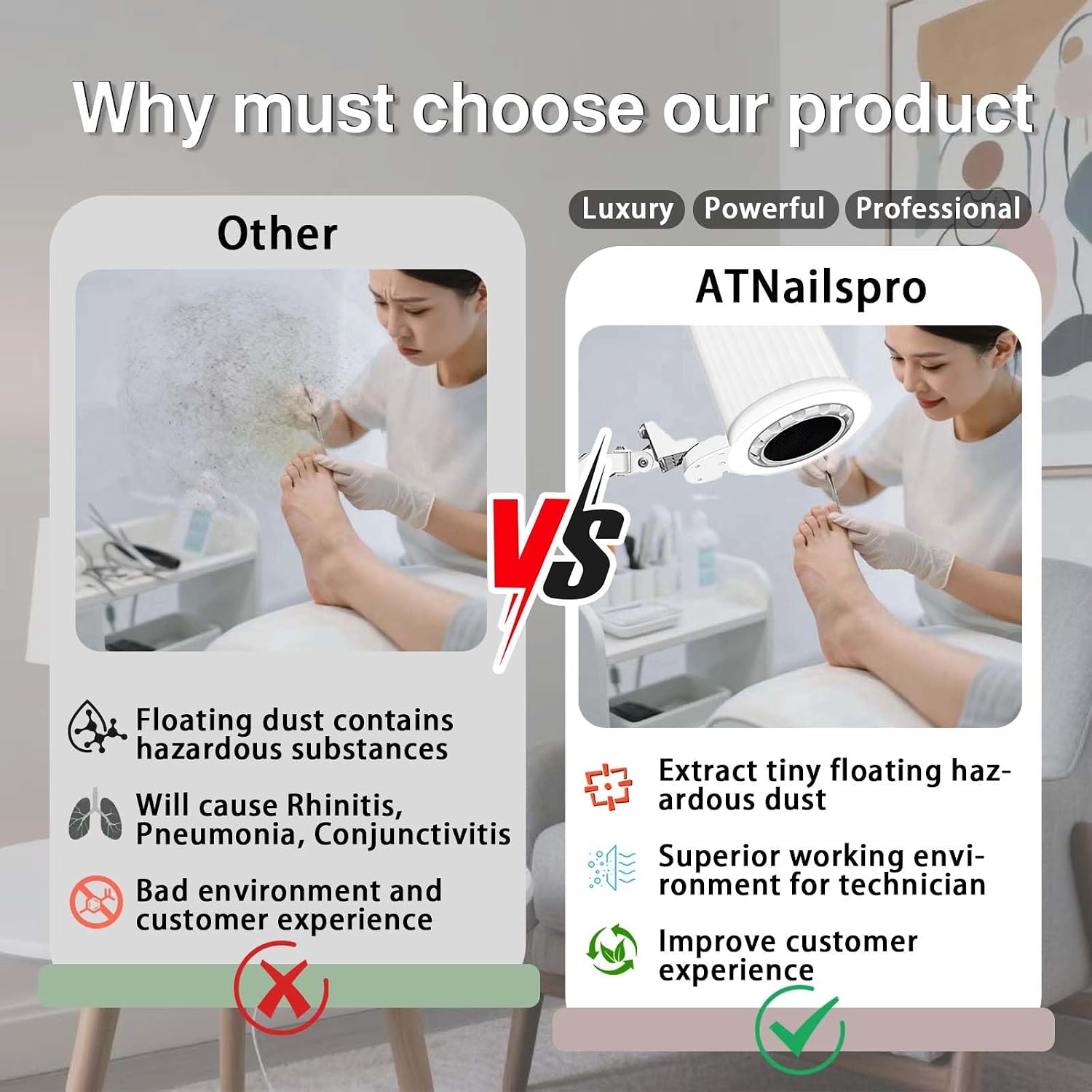 Professional Pedicure Nail Dust Collector, Overhead Nail Tech Manicure Vacuum Cleaner Extractor 80W wIth Desk Clamp