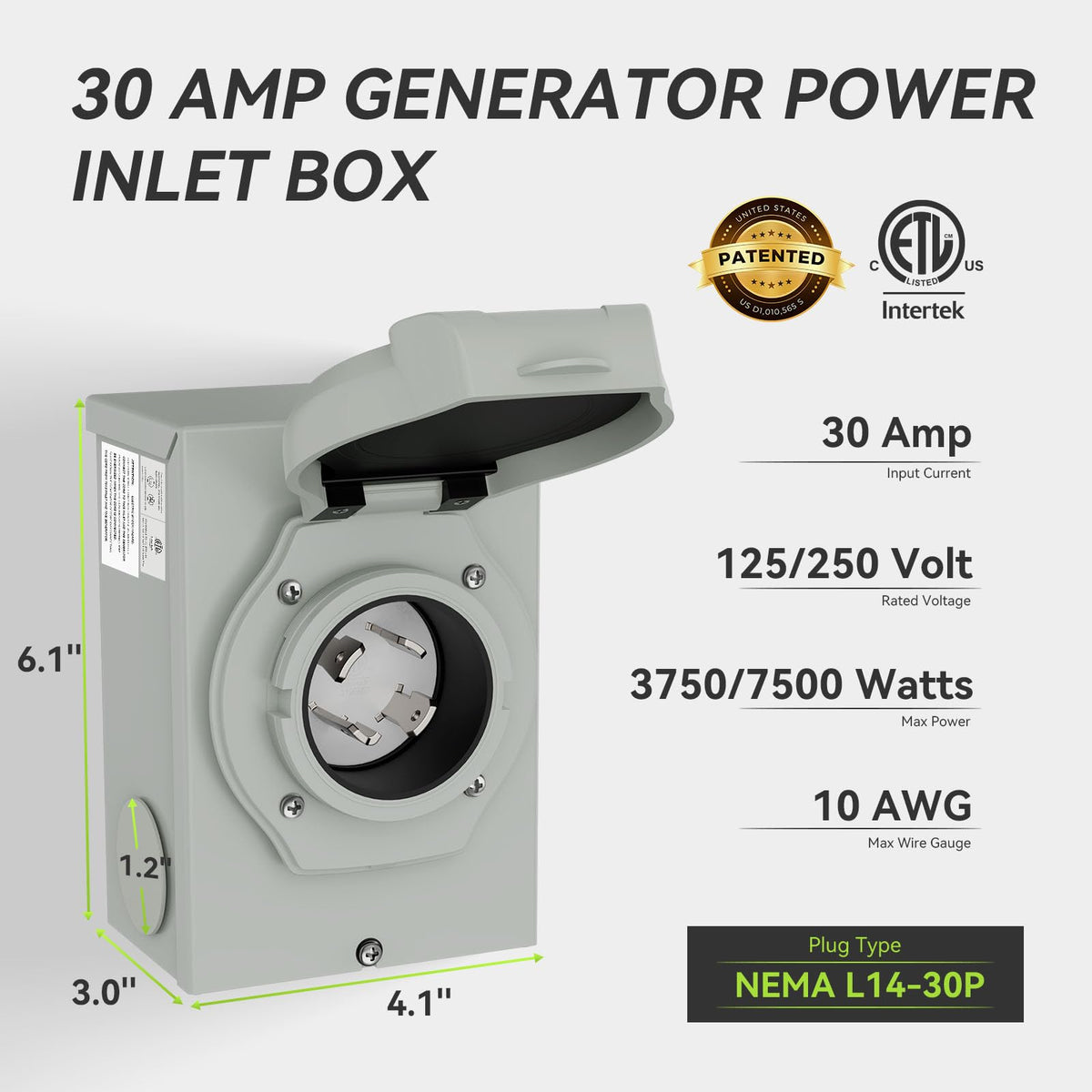 Pre-Drilling 30 Amp Generator Inlet Box, NEMA L14-30P Power Inlet Box