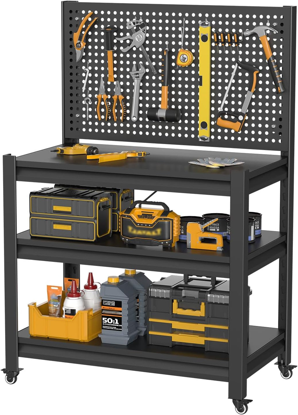 Work Bench with Pegboard,Heavy Duty Workbench with Wheels Adjustable Shelves,Tool Cart,Work Table for Garage