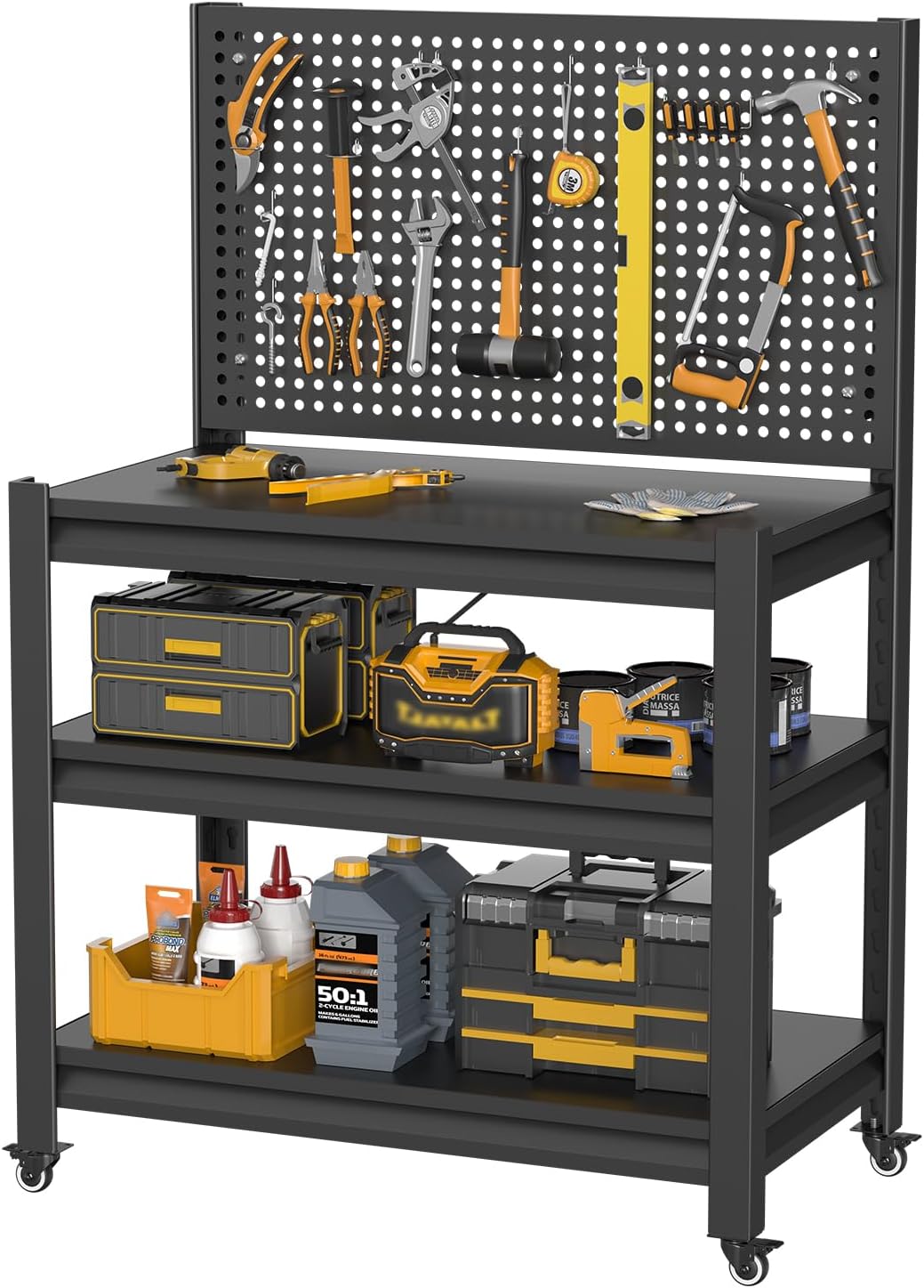 Work Bench with Pegboard,Heavy Duty Workbench with Wheels Adjustable Shelves,Tool Cart,Work Table for Garage