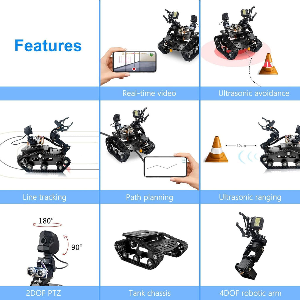 Smart WiFi Robot Kit with Raspberry Pi 5, 4DOF Robotic Arm Track Tank Chassis Robot Car with 2DOF HD Camera
