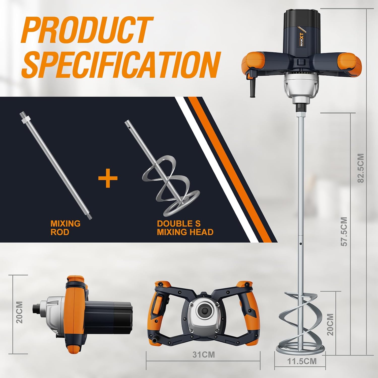 1200W Handheld Mortar Mixer with 120mm Stirring Paddle | Power mixer with 120mm paddle for mortar, concrete, plaster