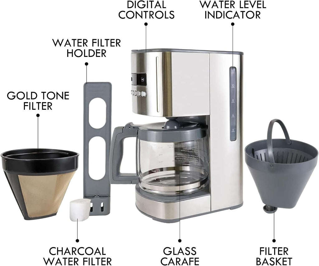 Kenmore Drip Coffee Maker - 12 Cup Programmable Cafe Machine With Glass Pot, Regular & Bold Brew, Auto Shut Off Large