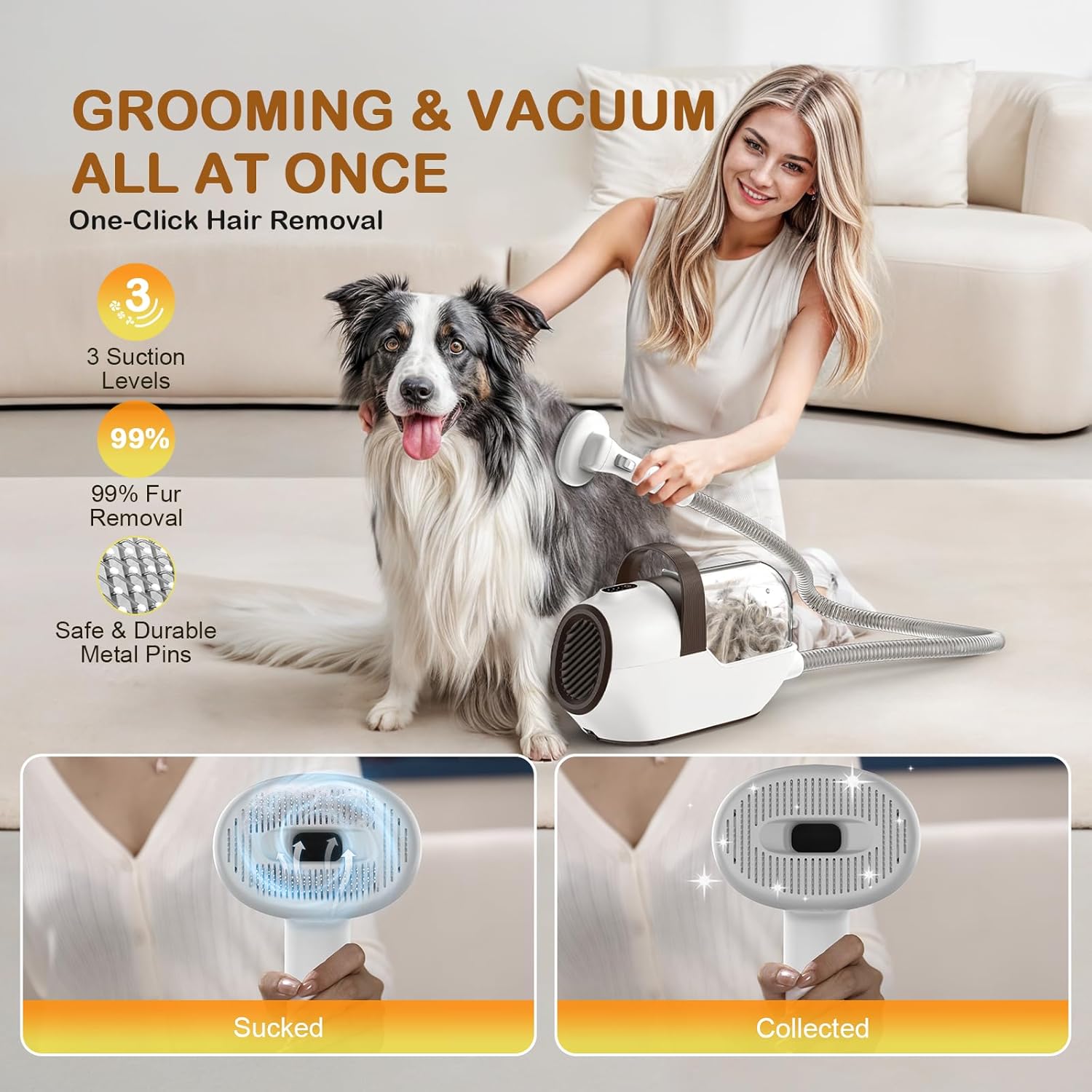Dog Grooming Vacuum, Dog Grooming Kit with Pet Clipper Nail Grinder, 3 Suction Modes Dog Brush Vacuum with 6 Pet