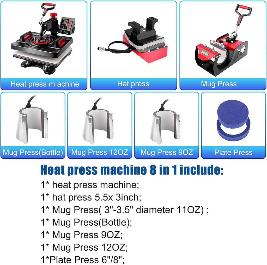 Professional 8 in 1 Heat Press Machine Sublimation Machine 12" X 15" Shirt Press Machine 360° Swing Away