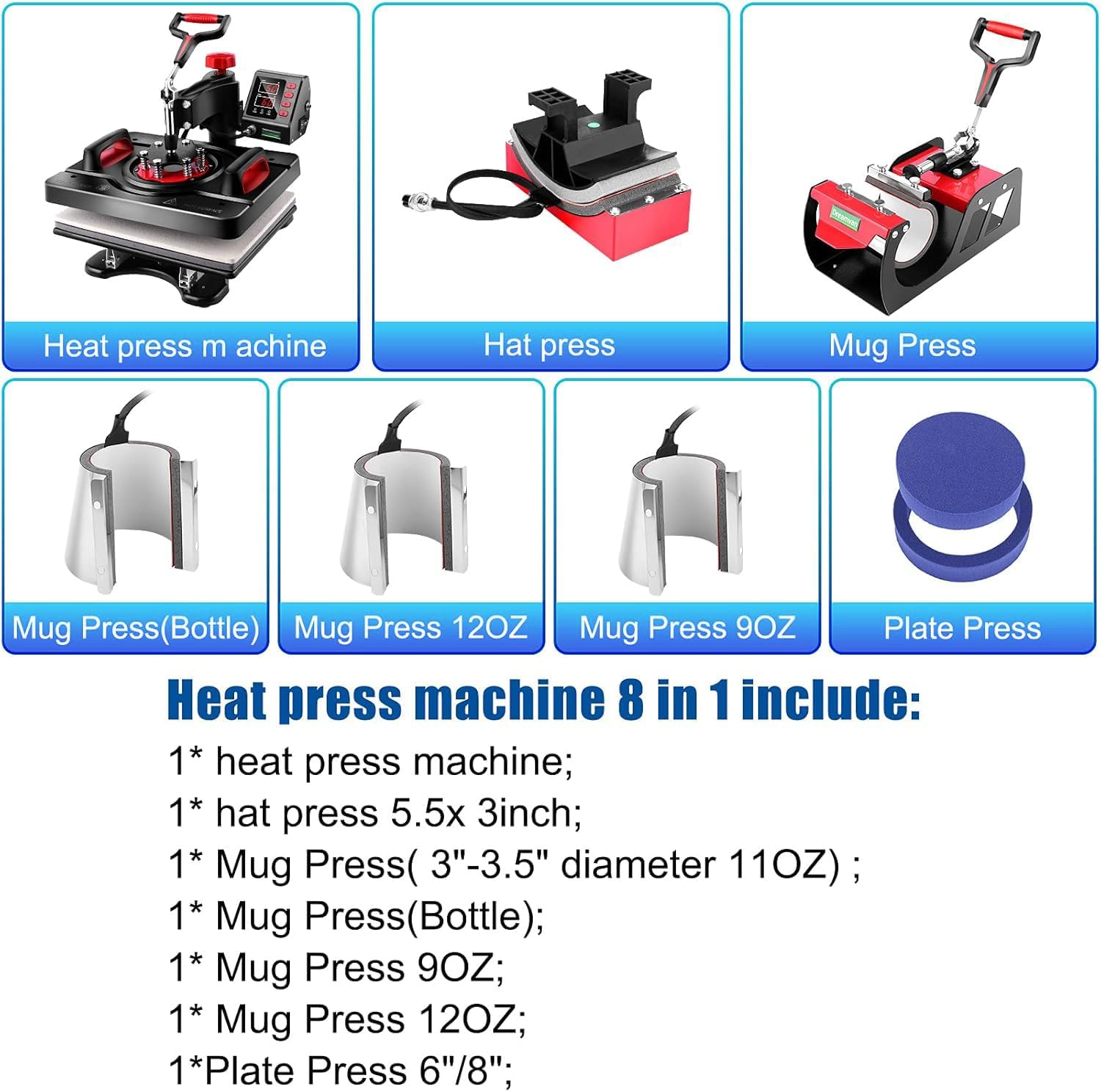 Professional 8 in 1 Heat Press Machine Sublimation Machine 12" X 15" Shirt Press Machine 360° Swing Away
