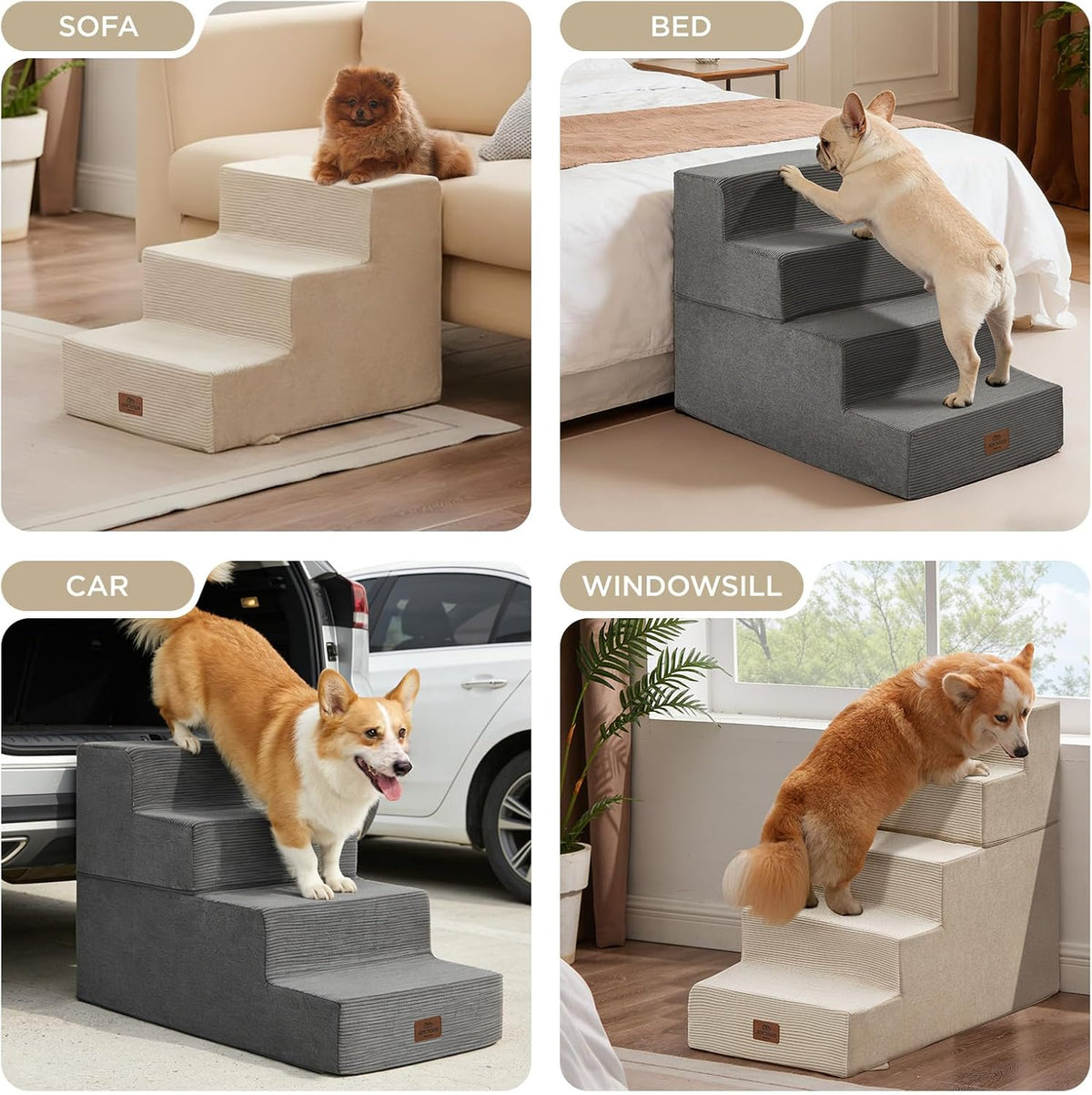 Dog Stairs for Bed 15" H, 3-Step Pet Steps for Small Dogs and Cats, Dog Steps for High Bed, Non-Slip Balanced Ramp