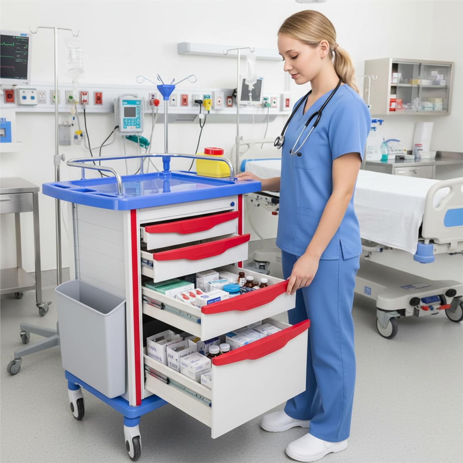 Crash Cart with Accessories Mobile Emergency Treatment Trolley with IV Pole, Cardiac Board, O₂ Tank Holder, Trash Bin