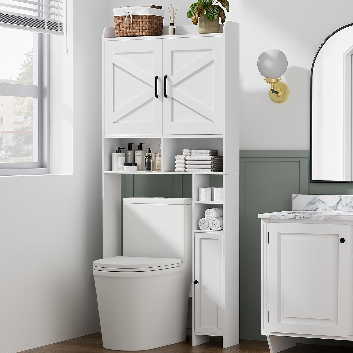 Wooden Over The Toilet Storage Cabinet with Barn Door | Freestanding Bathroom Storage, Toilet Paper Holder