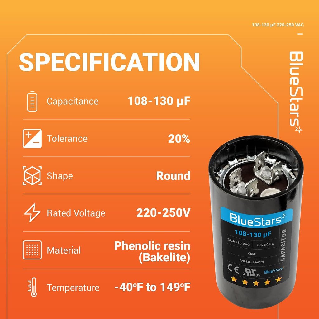 [2025 Upgraded] BlueStars 108-130 uF MFD 220-250 VAC Motor Start Capacitor