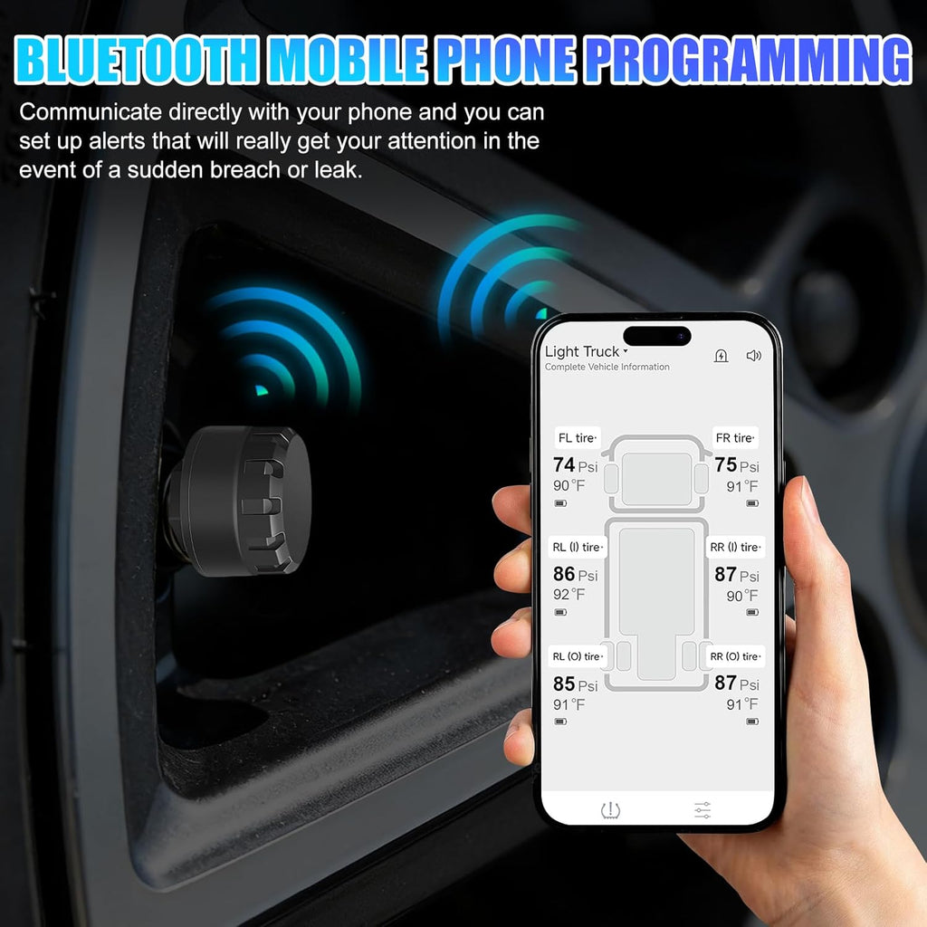 Wireless TPMS System with 6 External Sensors App for iOS Android | RV Tire Pressure Monitoring System, Bluetooth App