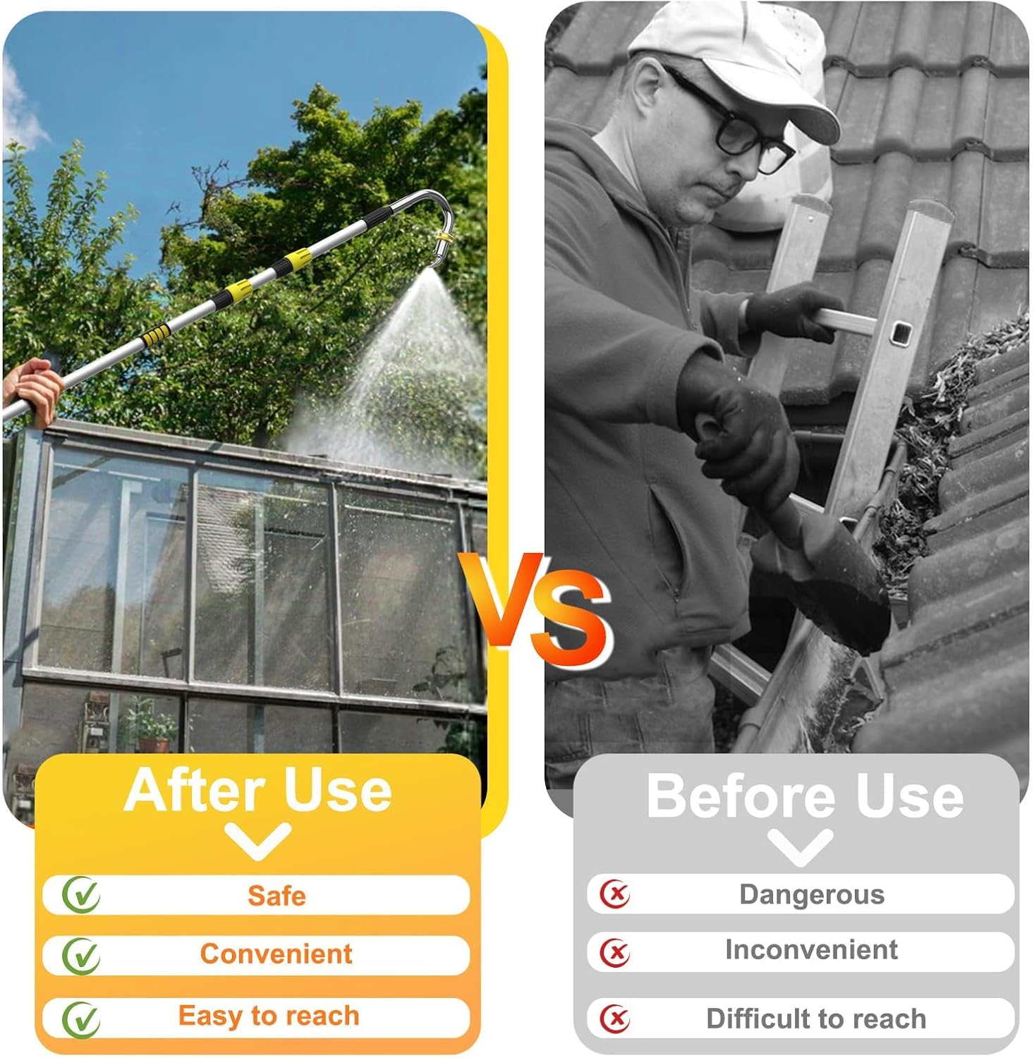 Gutter Cleaning Tools from The Ground, 24FT Reach Rain Cleaner with Bendable Wand and Quick Connect Adapter for