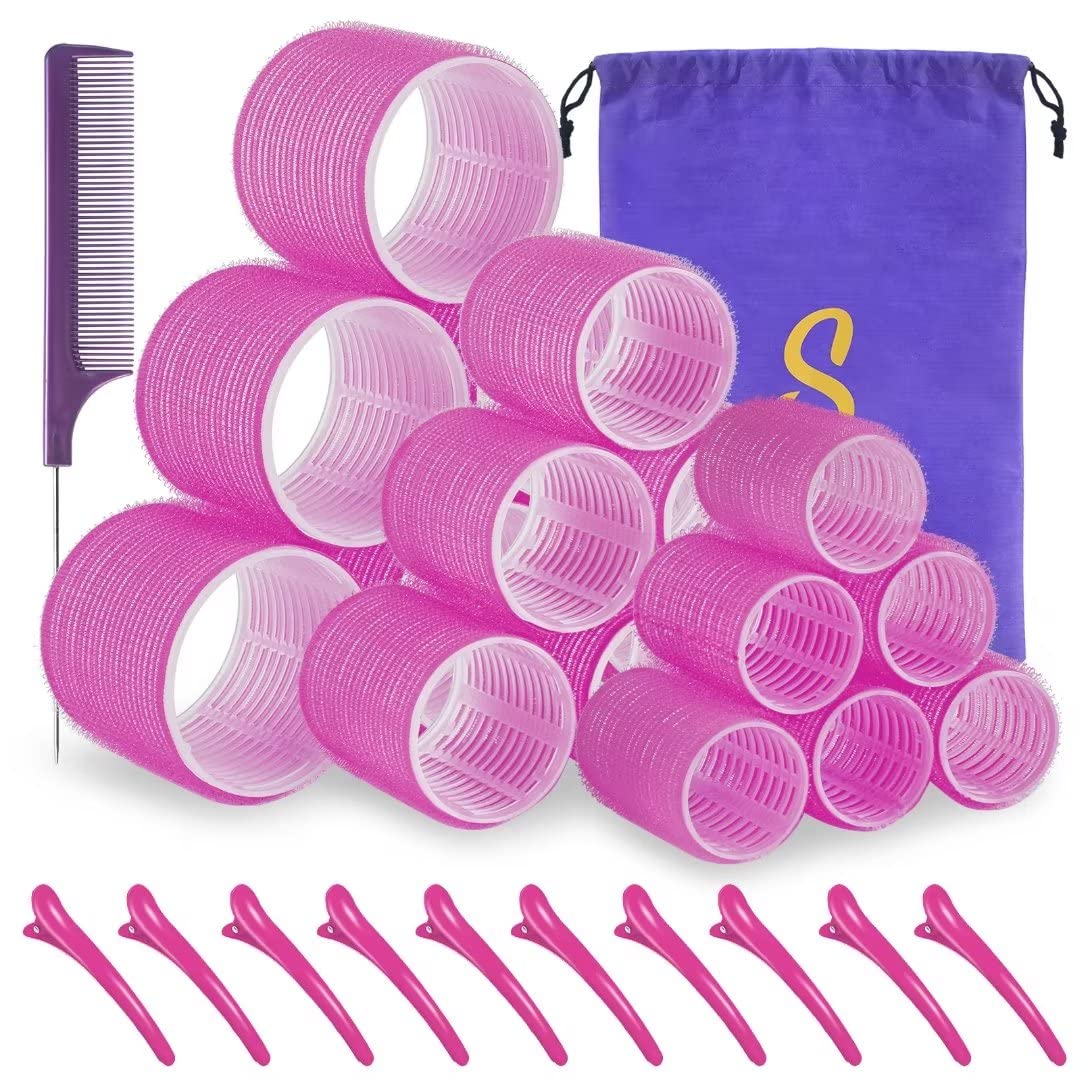 Self Grip Hair Rollers Set, 18 Rollers in 3 Sizes with Clips | Includes 10 Clips, Rat Tail Comb and Storage Bag; Adds