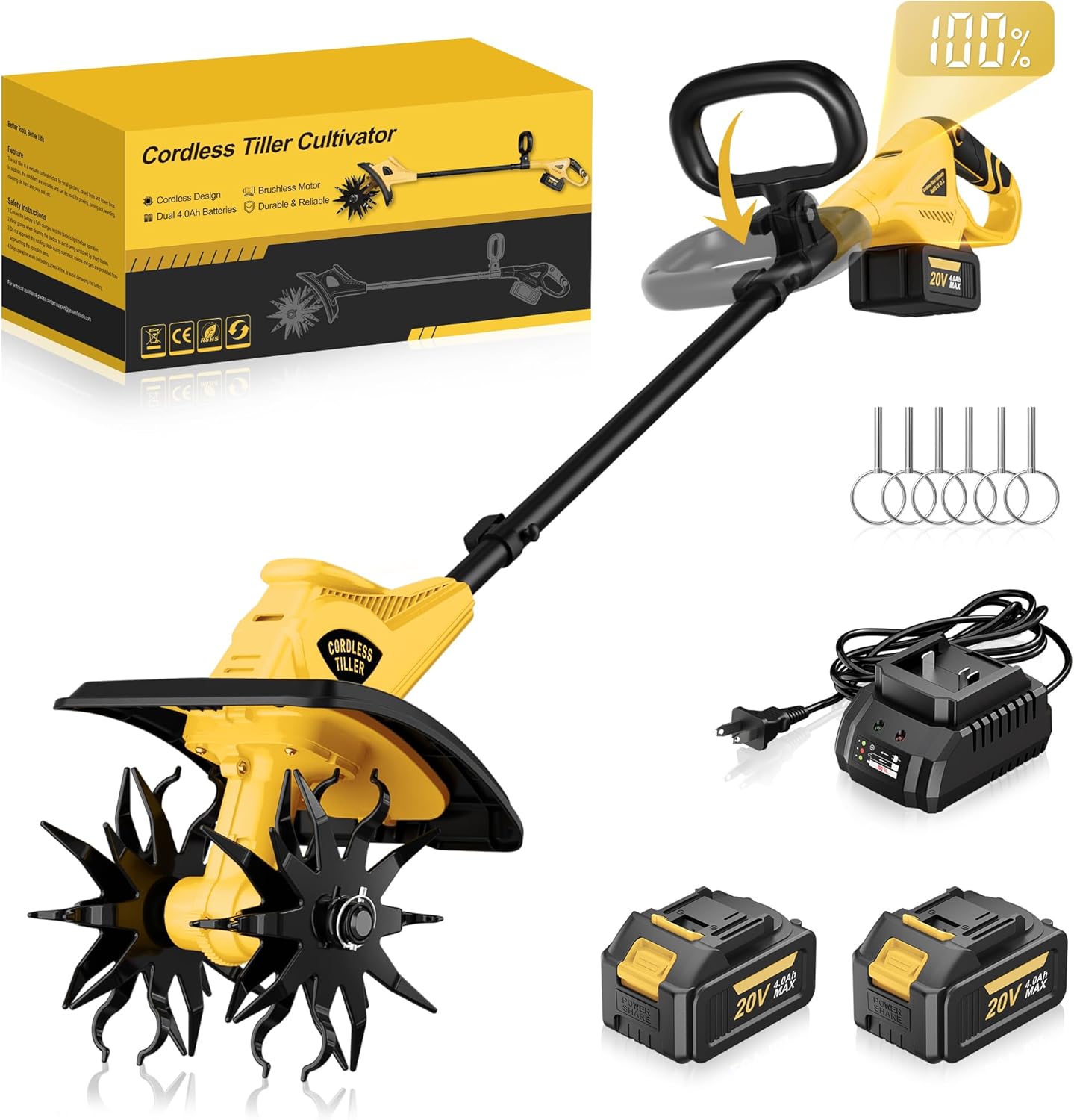 Cordless Tiller Cultivator, 12" Tilling Width, 8" Depth, 2x4.0Ah Batteries | Cordless, 2x4.0Ah Batteries, 40-Min