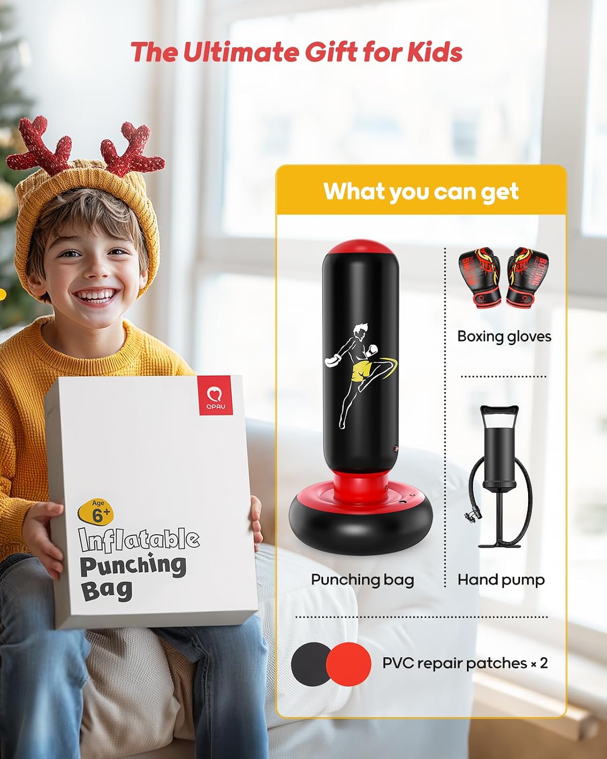Kids Punching Bag Toy with Boxing Gloves, 66 Inch Larger Stable Kids Inflatable Boxing Bag Set, Gifts for Boys &