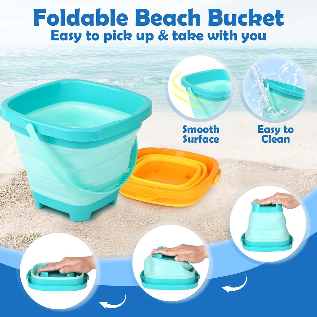 Beach Toys for Kids Toddlers, 3 Collapsible Sand Buckets and Shovels Set | Collapsible Sand Toys with 3 Pack Foldable