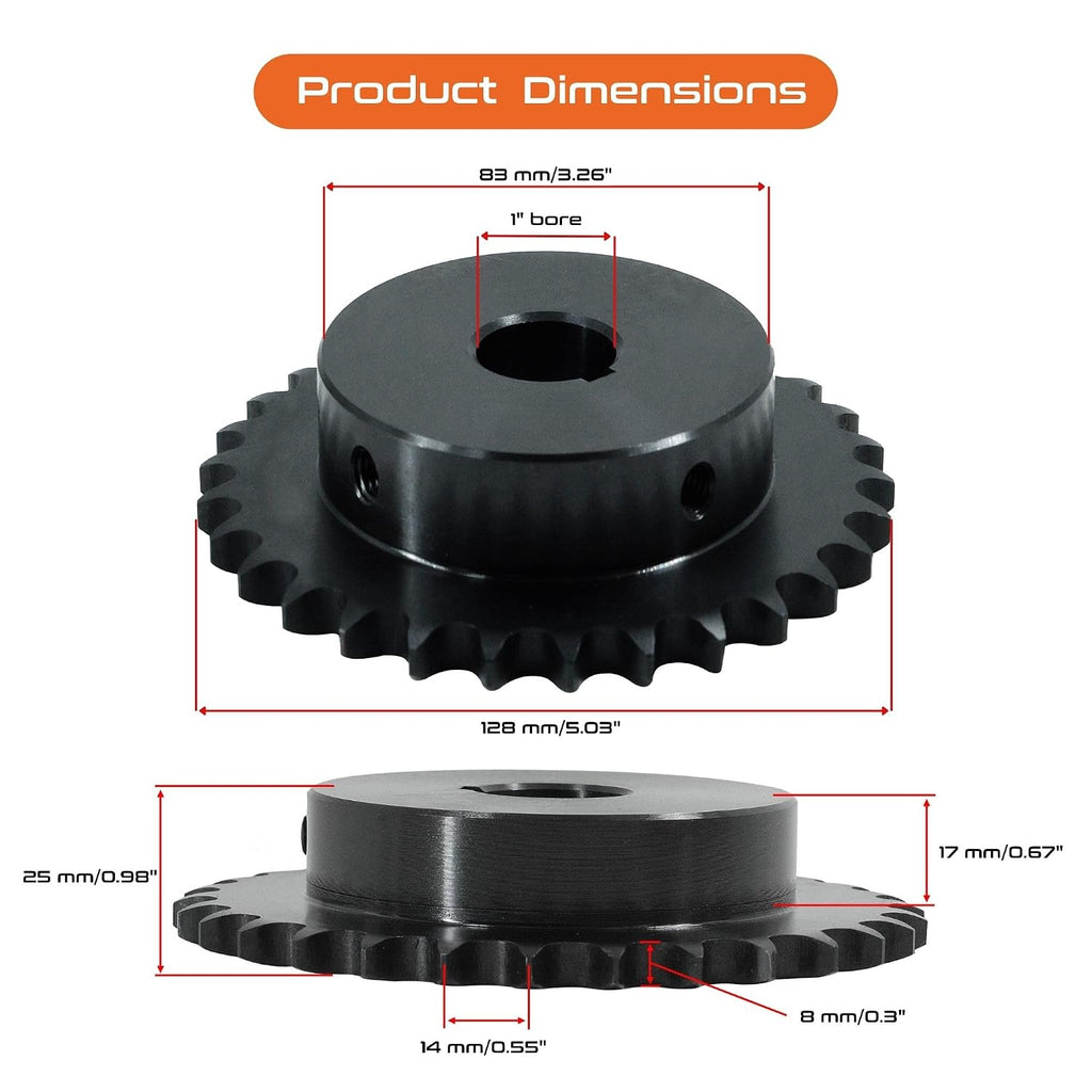 CHR #40 Roller Chain Sprocket, 30 Tooth, 1/2" (12.7mm) Pitch, 1" (25.4mm) Bore, 1/4" (6.38mm) Keyway, Carbon Steel, B-Type Hub, 5.04" (128mm) OD - ISO 9001-2000 Certified