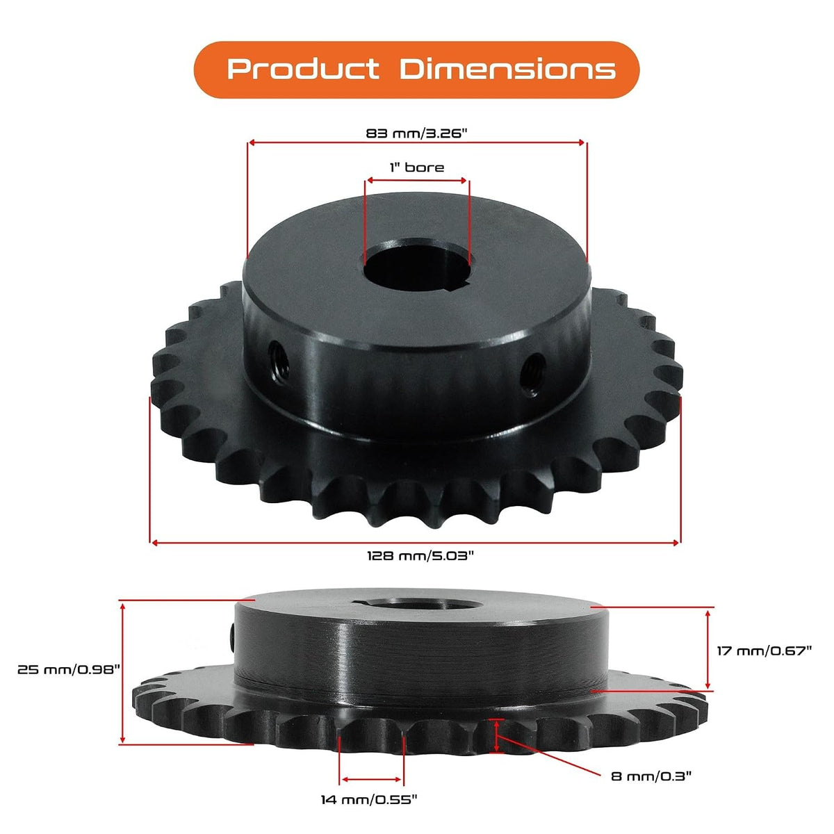 CHR #40 Roller Chain Sprocket, 30 Tooth, 1/2" (12.7mm) Pitch, 1" (25.4mm) Bore, 1/4" (6.38mm) Keyway, Carbon Steel, B-Type Hub, 5.04" (128mm) OD - ISO 9001-2000 Certified