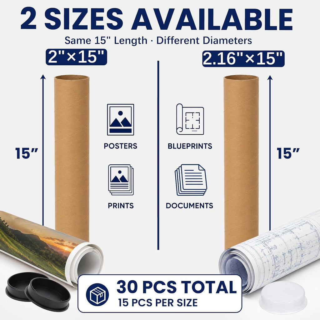 2 x 15 inch Mailing Tubes, 30 Pack Cardboard Poster Tubes with Caps