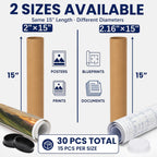 2 x 15 inch Mailing Tubes, 30 Pack Cardboard Poster Tubes with Caps