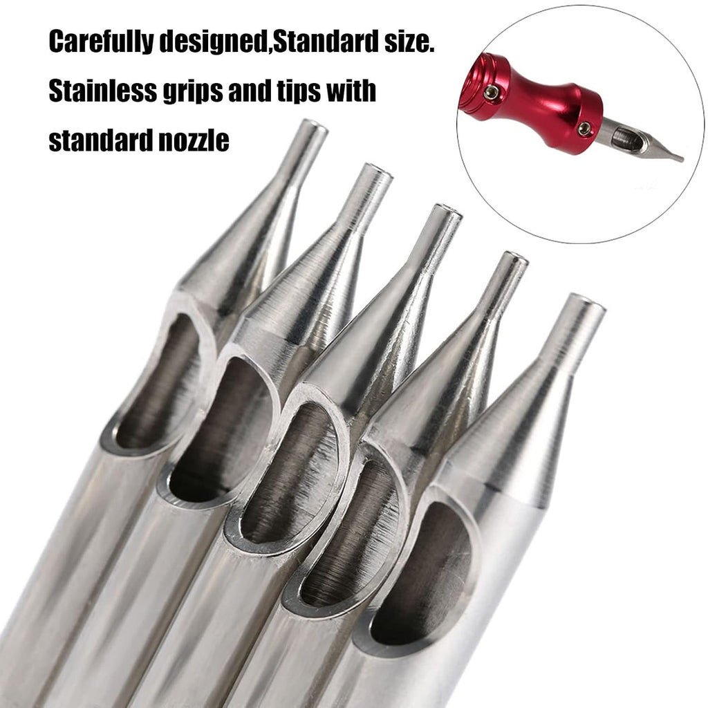 Traditional Tattoo Tips and Grips - 3 Pcs Aluminum Grips & 22 Pcs Stainless Steel Tips (Round, Diamond, Magnum, RT