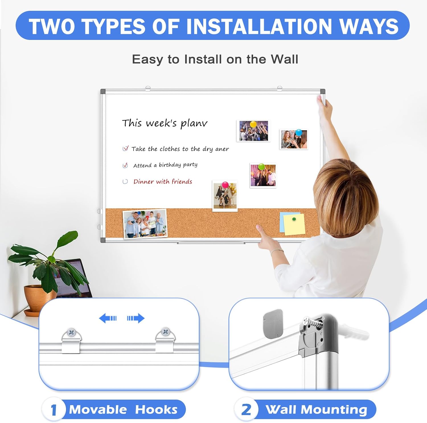Whiteboard Cork Board Combo for Wall, WALGLASS 36" x 24" Double-Sided Large Dry Erase Whiteboard Corkboard
