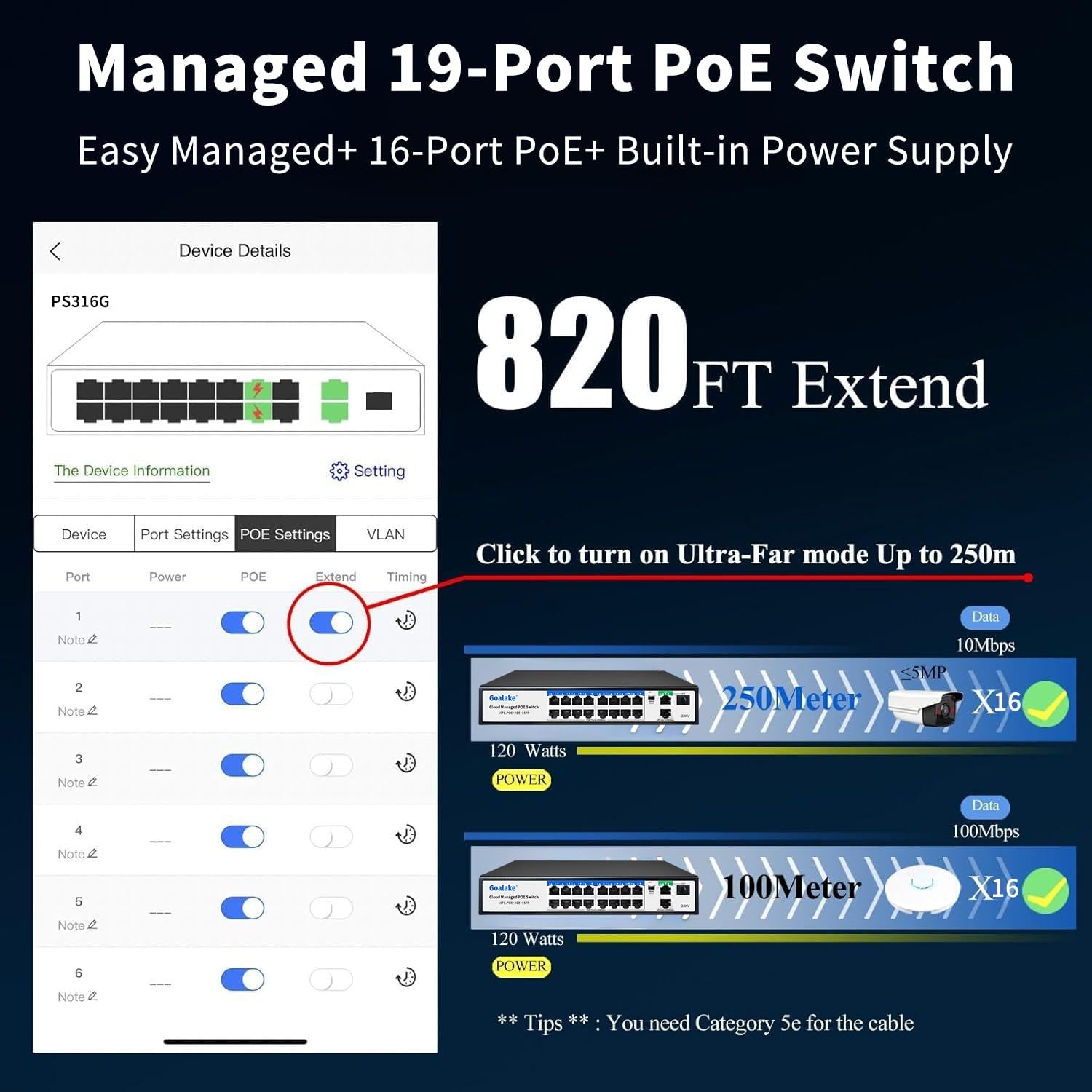 19-Port Managed PoE Switch (16 PoE+ Ports, 2 Uplink Gigabit Ports + 1*1.25G Combo SFP Slots), 240W Built-in Power