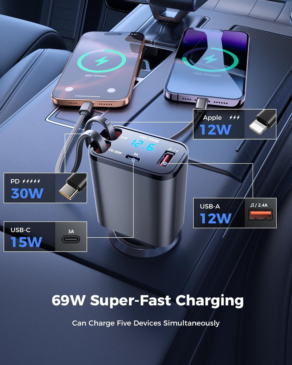 69W Retractable Car Charger, Compact Bluetooth 5.3 FM Transmitter | 4 in 1 Bluetooth Car Adapter, Apple & USB C
