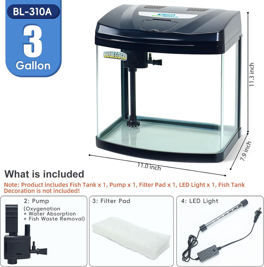 3 Gallon Glass Aquarium Betta Kit with Flip-Top Port