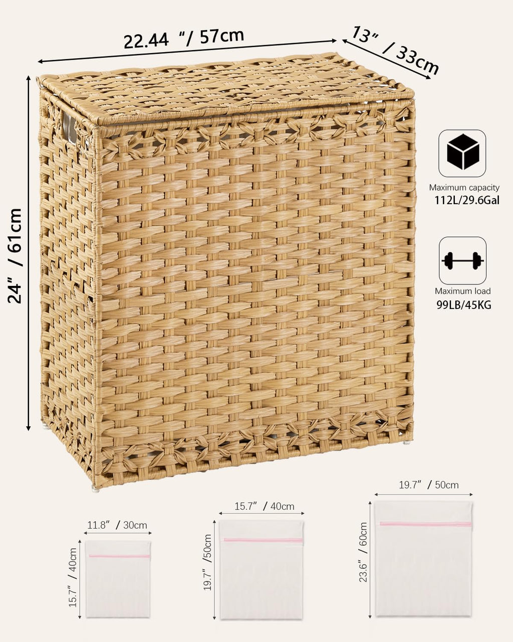 Laundry Hamper with Lid Wicker Laundry Basket 112L, Natural