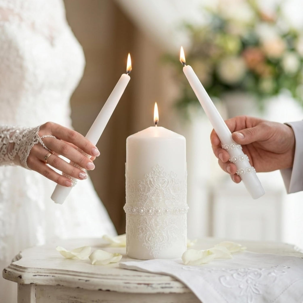 Lace Elegance Unity Candle Set for Wedding Ceremony & Reception, White Unity Candles with Pearl Decor, 6” Pillar &