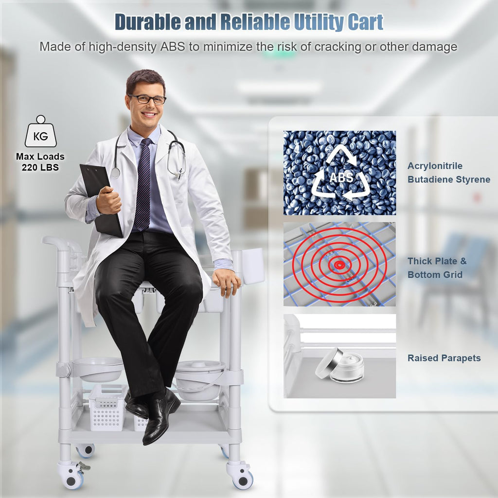 Medical Carts with Wheels 2 Tier Mobile Esthetician Cart 220 LBS Load Hospital Trolley Cart for Ultrasound Scanner