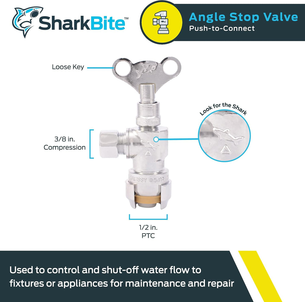 1/2 x 3/8 Inch Compression Angle Stop Valve, Loose Key Quarter Turn, Push to Connect Brass Plumbing Fitting, Chrome