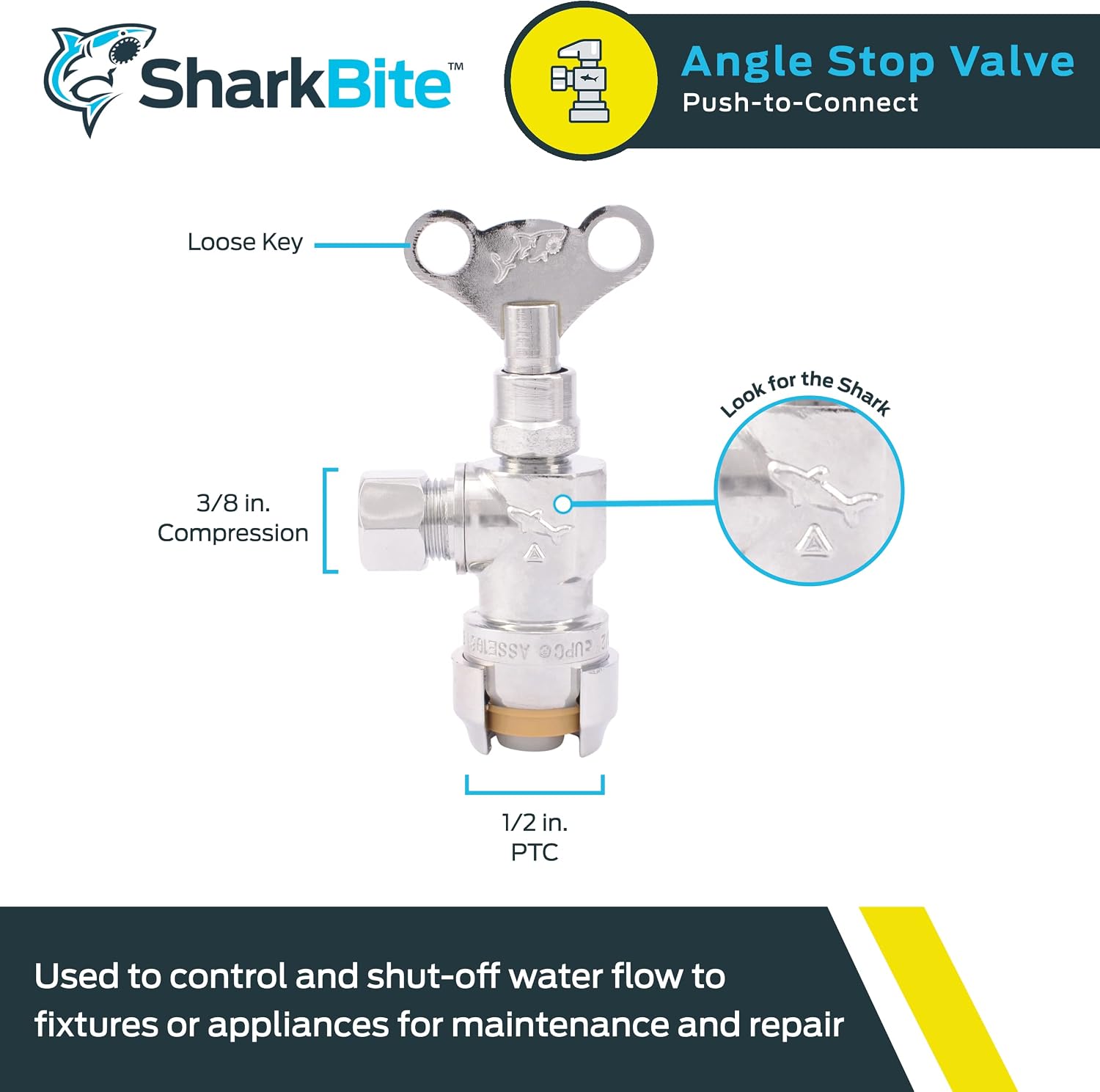 1/2 x 3/8 Inch Compression Angle Stop Valve, Loose Key Quarter Turn, Push to Connect Brass Plumbing Fitting, Chrome