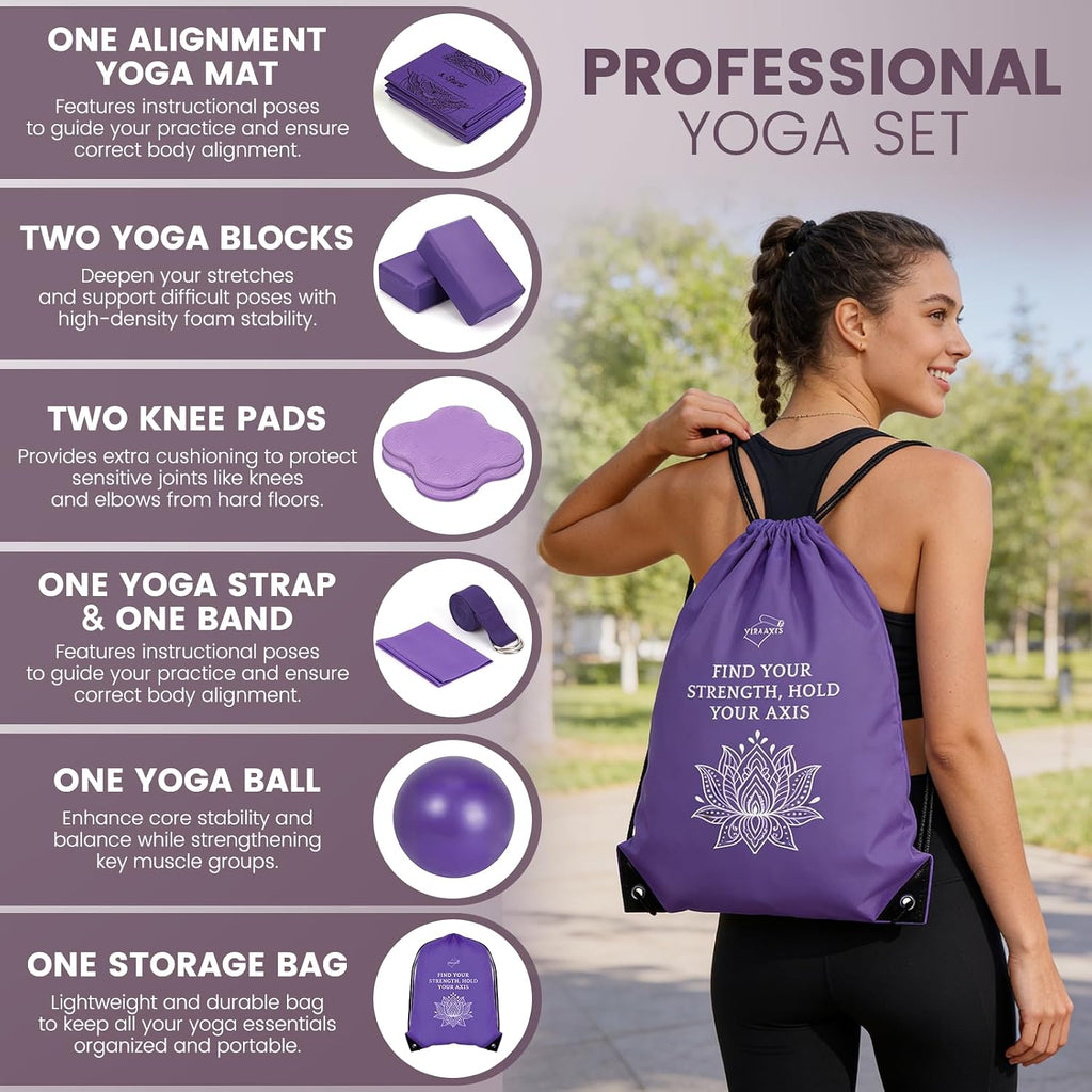 Foldable Yoga Mat and Blocks Set for Women with 2 Pack Yoga Blocks and Strap,Thin Non Slip Pilates Mat with Bag, Home