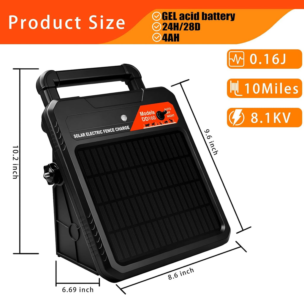 10 Mile Solar Electric Fence Charger, 0.16J Output with Auto/Night Mode, 8.1KV Max Voltage, Front Switch Design with