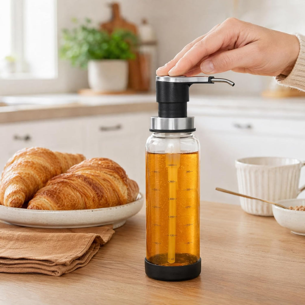 Glass Syrup Pump Bottle Refillable Honey Pump Dispenser for Syrup Ketchup Jam Empty Condiment Jar for Kitchen Storage