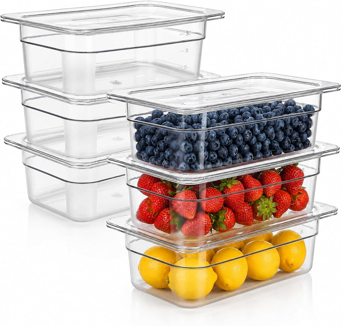 6 Pack Plastic Clear Food Pans with Lids, 1/3 Size 4 Inch Deep Stackable Commercial Polycarbonate Pans for Kitchen