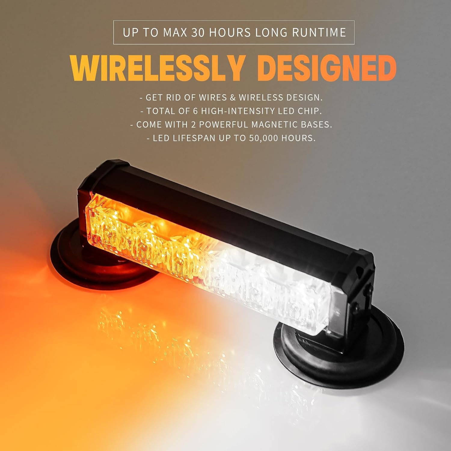 Amber/White Magnetic Wireless Flashing Strobe Light for Vehicles Trucks Car, Battery Operated Rechargeable LED Safety